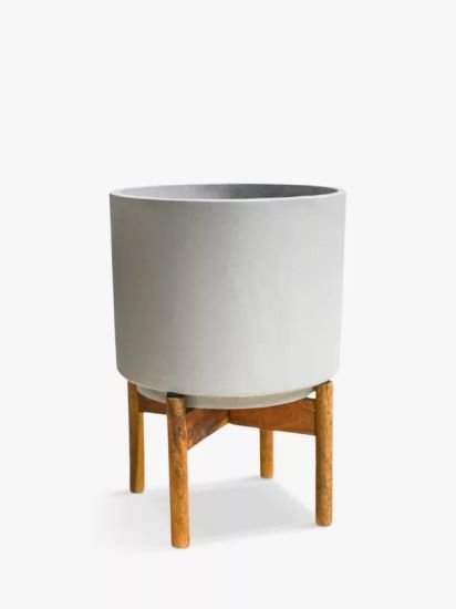 Concrete Indoor Plant Pot with Wood Stand, 22cm, Cement